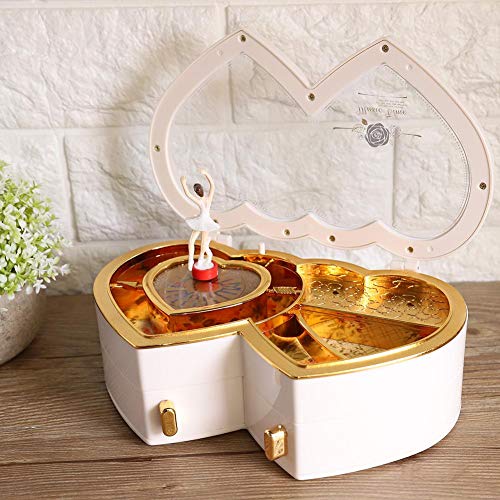 Mumusuki Cajas de joyería Bailarina de Doble corazón Caja de joyería Musical Caja de Almacenamiento para Regalos de niñas(Blanco)