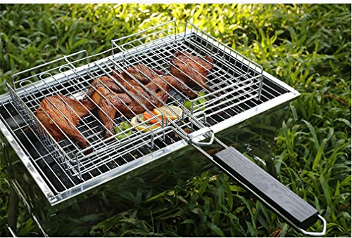 MUUZONING Parrilla Barbacoa Portátil Acero Inoxidable con Mango de Madera Resistente al Calor, BBQ Gran Tamaño para la Fiesta BBQ de Familia Jardín Exterior de 2-5 Personas (31x25 cm)