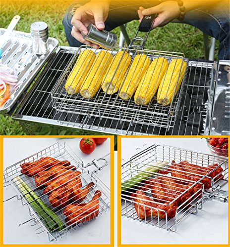MUUZONING Parrilla Barbacoa Portátil Acero Inoxidable con Mango de Madera Resistente al Calor, BBQ Gran Tamaño para la Fiesta BBQ de Familia Jardín Exterior de 2-5 Personas (31x25 cm)