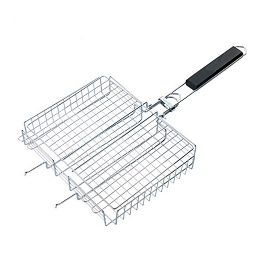 MUUZONING Parrilla Barbacoa Portátil Acero Inoxidable con Mango de Madera Resistente al Calor, BBQ Gran Tamaño para la Fiesta BBQ de Familia Jardín Exterior de 2-5 Personas (31x25 cm)