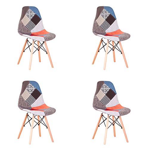 N / A Pack de 4 sillas Sillas de Retazos Multicolores en Tela de Lino Sillas de Sala de Estar de Ocio Sillas de Comedor con Respaldo de cojín Suave (Rojo)