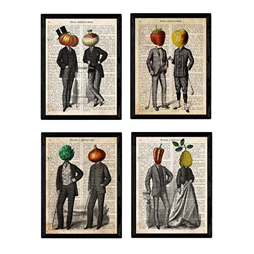 Nacnic Set de Cuatro láminas de Frutas y Verduras. Tamaño A4. Modelo 1. Sin Marco