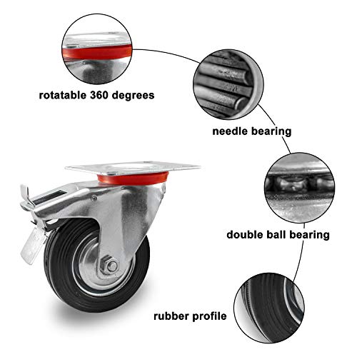 Nirox Juego de 4x Ruedas industriales 125mm - Ruedas giratorias para cargas pesadas con freno - Ruedas para muebles altura total 157mm - Ruedas pivotantes hasta 400kg