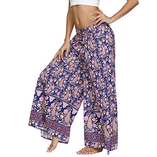 Nuofengkudu Mujer Hippie Largo Pantalones Dividir Pata Ancha Flores Estampados Sueltos Elegantes Comodos Thai Yoga Pants Verano Playa Vacaciones(Azul Floral,S/M)