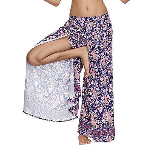 Nuofengkudu Mujer Hippie Largo Pantalones Dividir Pata Ancha Flores Estampados Sueltos Elegantes Comodos Thai Yoga Pants Verano Playa Vacaciones(Azul Floral,S/M)