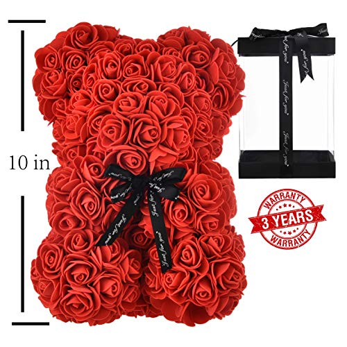 NWSX Rose Bear - Rose Teddy Bear en Cada Rose Bear -Flower Bear Aniversario, Madres- ¡Caja de Regalo Transparente incluida! 10 Pulgadas de Alto: más de 300 Flores (10in, Red)
