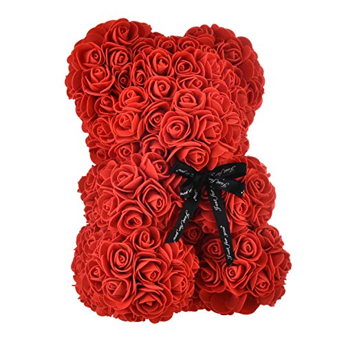 NWSX Rose Bear - Rose Teddy Bear en Cada Rose Bear -Flower Bear Aniversario, Madres- ¡Caja de Regalo Transparente incluida! 10 Pulgadas de Alto: más de 300 Flores (10in, Red)