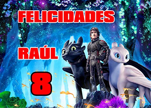 OBLEA de CÓMO Entrenar A TU DRAGÓN Personalizada con Nombre y Edad para Pastel o Tarta, Especial para cumpleaños, Medida Rectangular de 28x20cm
