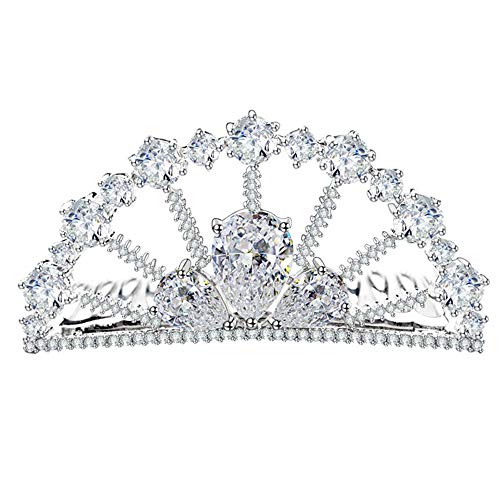 Onefeart Blanco Oro Plateado Corona Pinza para el Cabello para Mujeres Niña Oval Zirconia Cúbica Ahuecado Ventilador Modelo Cristal Decoration Hair Accesorios 58x31MM Plata