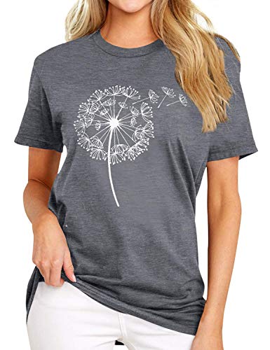 Onsoyours Mujer Verano Patrón de impresión de Diente de león Camiseta de Manga Corta de Talla Adolescentes Blusa Camisa Cuello Redondo Basica Camiseta Suelto Verano Tops T-Shirt D Aceituna XXL