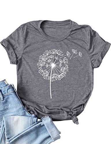 Onsoyours Mujer Verano Patrón de impresión de Diente de león Camiseta de Manga Corta de Talla Adolescentes Blusa Camisa Cuello Redondo Basica Camiseta Suelto Verano Tops T-Shirt D Aceituna XXL