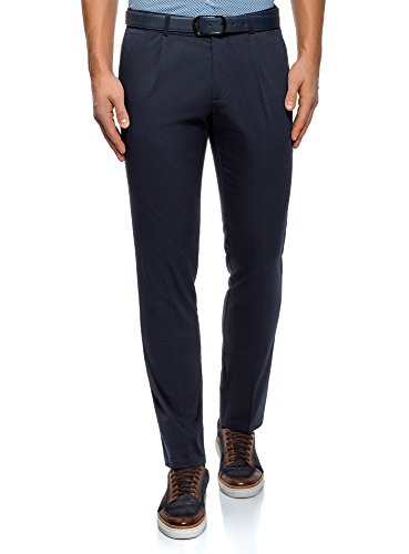 oodji Ultra Hombre Pantalones Slim con Pinzas, Azul, 40