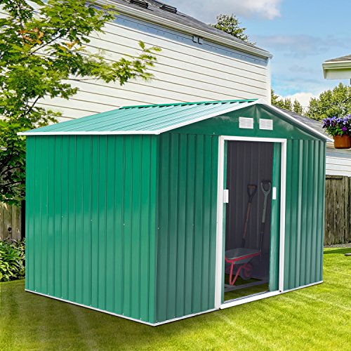 Outsunny Caseta de Jardín Tipo Cobertizo Metálico para Almacenamiento de Herramientas 277x191x192cm Verde Oscuro