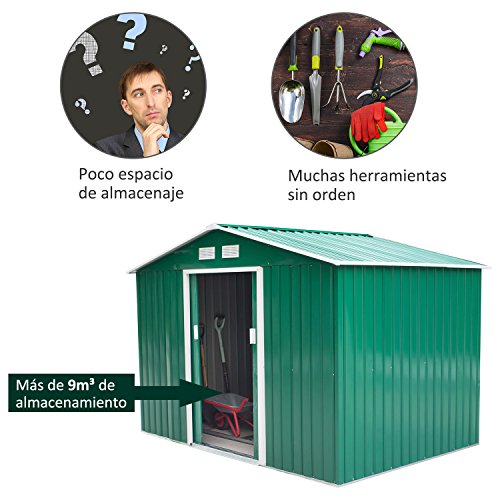 Outsunny Caseta de Jardín Tipo Cobertizo Metálico para Almacenamiento de Herramientas 277x191x192cm Verde Oscuro