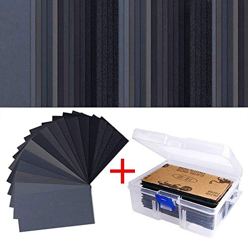 Papel de lija, variedades húmedas y secas, 102 unidades de 60 a 3000 gránulos, 7,6 x 14 cm, hojas de papel abrasivo con caja de regalo, para madera y acabado de muebles.
