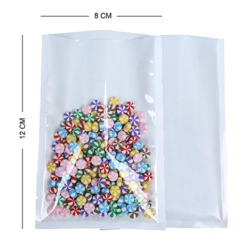 Paquete de 100 bolsas transparentes y blancas con tapa abierta, bolsa plana para envasado de alimentos, sellante de calor, sin BPA (8 x 12 cm)