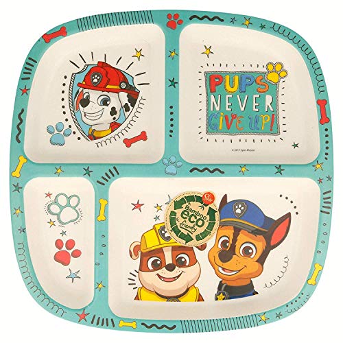 PAW PATROL 2033, Plato Bambú Dividido Patrulla Canina Dimensiones 23x23x2 cm; 4 Compartimentos