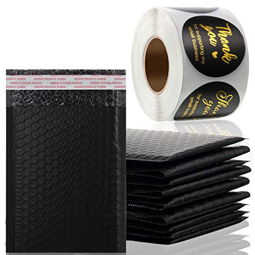 Pegatinas de Thank You for Supporting My Small Business de 2 Pulgadas con 10 Sobres de Burbuja de Polietileno Negro 6 x 9 Pulgadas, Etiquetas Redondas de Fuente Dorada , 600 Pegatinas