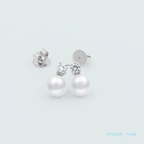 Pendientes de Mujer de Perlas Cultivadas de Agua Dulce de 8-9 mm con circonita Secret & You - Plata de Ley de 925 milésimas Diseño Tú y Yo