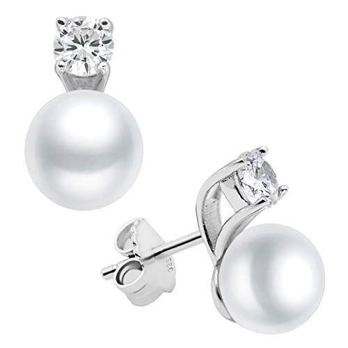 Pendientes de Mujer de Perlas Cultivadas de Agua Dulce de 8-9 mm con circonita Secret & You - Plata de Ley de 925 milésimas Diseño Tú y Yo