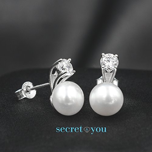 Pendientes de Mujer de Perlas Cultivadas de Agua Dulce de 8-9 mm con circonita Secret & You - Plata de Ley de 925 milésimas Diseño Tú y Yo