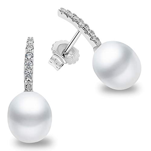 Pendientes de Mujer de Perlas Cultivadas de Agua Dulce tipo Gota de 8,5-9 mm Secret & You - Plata de Ley 925 bañada en Rodio con Tuercas Grandes de Calidad.