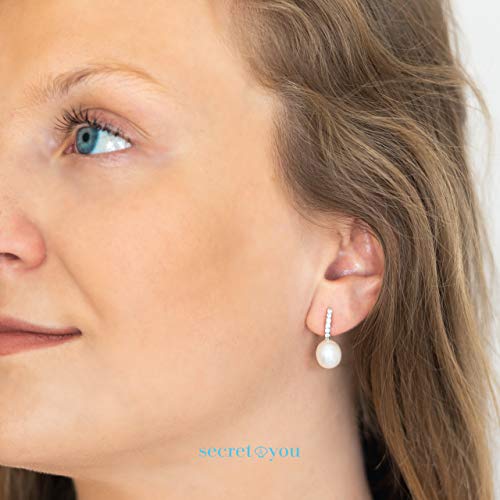 Pendientes de Mujer de Perlas Cultivadas de Agua Dulce tipo Gota de 8,5-9 mm Secret & You - Plata de Ley 925 bañada en Rodio con Tuercas Grandes de Calidad.