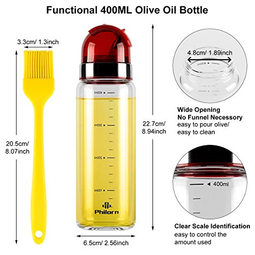 PHILORN Botella Dispensadora de Aceite de Oliva [400ml], Vinagre Botella con Tapa Antipolvo, Escala y Boquilla Antigoteo, Dispensador de Aceite, Aceitera Botella, Botella de Aceite de Vidrio Cruets