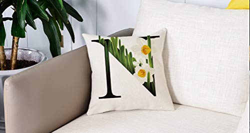 Pillow Case Cojín Cuadrado Print,Letra N, flores de jardín de verano y fuente abstracta Letra N negra con narcisos decorativos,Adecuado para Oficina, Familia, automóvil, cafetería, Tienda, 45x45cm