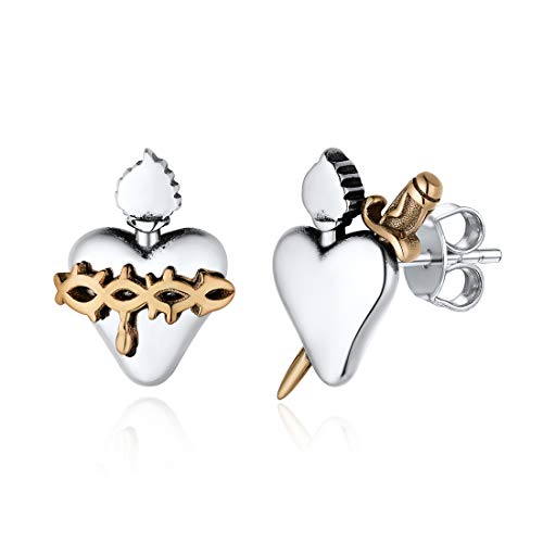 Plata de Ley 925 y Cobre Dos Tonos Pendientes Antialérgicos Clavos Asimétricos para Muchachas Corazones Flechas Llamas Cierre Mariposa Jesús