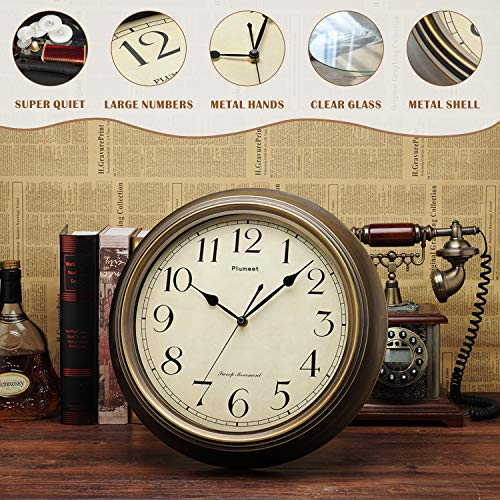 Plumeet Reloj de Pared Retro Grande - Reloj Silencioso Clásico sin Tic-TAC de 33 cm - Adecuado para Decorar Sala, Dormitorio, Oficina - Alimentado por Batería (Numerales arábigos)