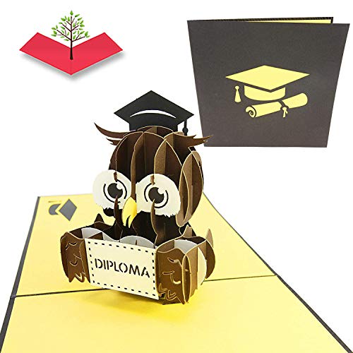 PopLife Cards Graduación búho 3d pop-up tarjeta de felicitación - anuncio de graduado, postgrado, ceremonia de diploma invitar - pliegues planas para correo - felicitaciones, tarjeta de inicio, clase