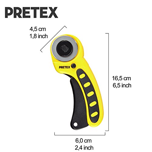 PRETEX Cutter rotativo con Cuchilla Circular de 45 mm + 1 Hoja de Repuesto en Caja anticortes | con 2 años de satisfacción | Cutter rotativo