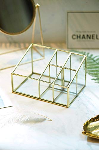 PuTwo Organizador de Maquillaje Vidrio 5 Compartimentos Organizador de Cosméticos Grande Caja Maquillaje Cobre Organizador de Brochas Maquillaje Vintage para Baño Tocador - Oro