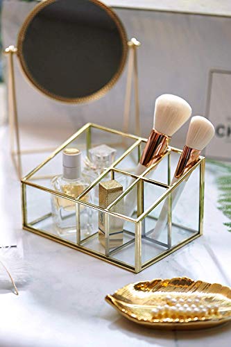PuTwo Organizador de Maquillaje Vidrio 5 Compartimentos Organizador de Cosméticos Grande Caja Maquillaje Cobre Organizador de Brochas Maquillaje Vintage para Baño Tocador - Oro