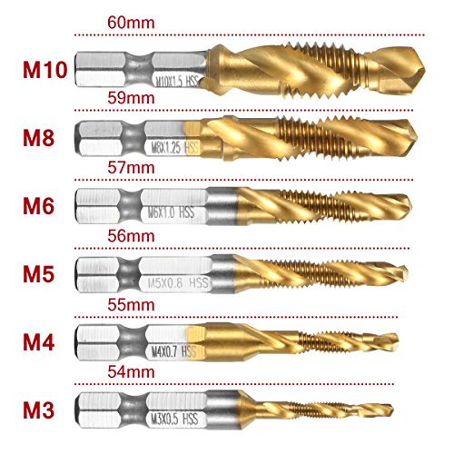 Qibaok 6 piezas brocas para rosca HSS macho de roscar grifo para taladro set de hexagonales drills de vástago Perforación,1/4"Vástago HSS Tornillo Manual, Métrico, Tornillos de Taladro