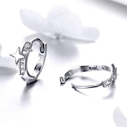 Qings Aros Pendientes,Plata de Ley 925 Mujer Pendientes con Brillante Circonita y Estrellas Joyería de Moda para Mujeres Niñas Regalo de Cumpleaños Navidad San Valentín