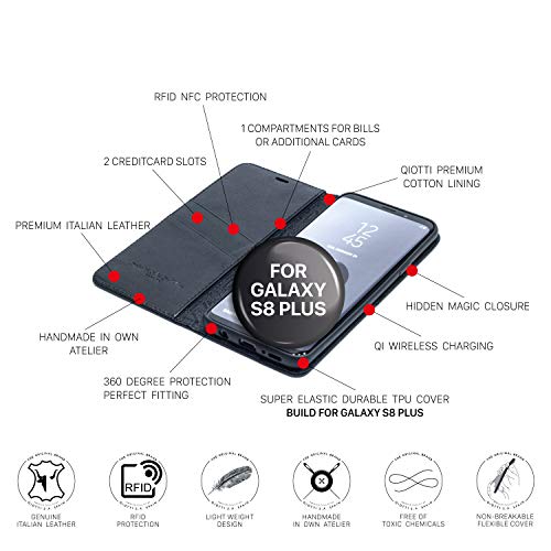 QIOTTI Funda Compatible para Galaxy S8+ y Galaxy S8 Plus Cuero auténtico Italiano con RFID protección Soporte Plegable Ranuras para Tarjetas Cierre magnético (Smart Black)