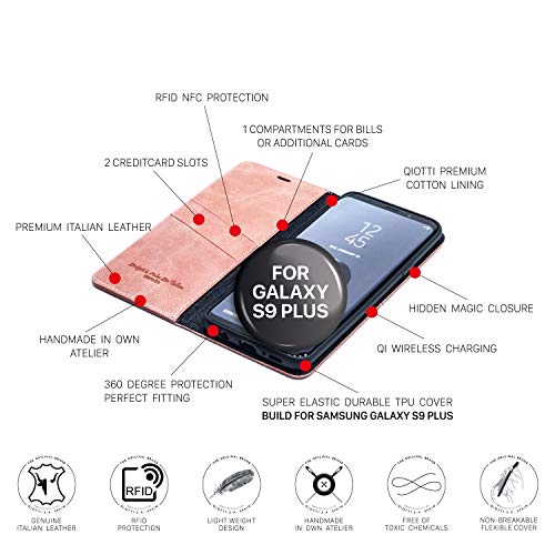 QIOTTI Funda Compatible para Galaxy S9+ y Galaxy S9 Plus Cuero auténtico Italiano con RFID protección Soporte Plegable Ranuras para Tarjetas Cierre magnético (Smart Rose)