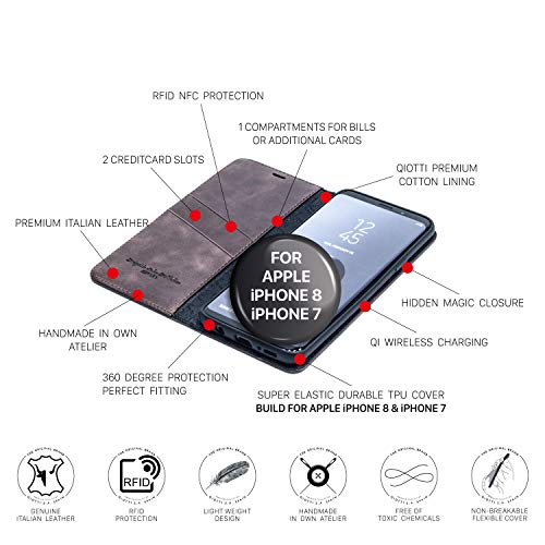 QIOTTI Funda Compatible para iPhone 8 y iPhone 7 Cuero auténtico Italiano con RFID protección Soporte Plegable Ranuras para Tarjetas Cierre magnético (Smart Coffee)