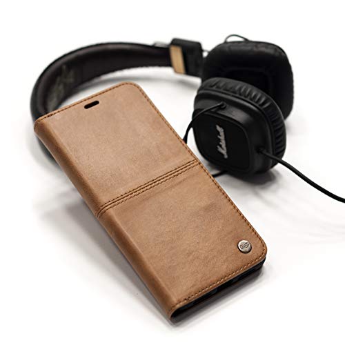 QIOTTI Funda Compatible para iPhone XS MAX Cuero auténtico Italiano con RFID protección Soporte Plegable Ranuras para Tarjetas Cierre magnético (Smart Brown)