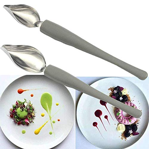 QQSA 2pcs Stainless Steel Saucier Spoon Plate Dish Sauce Painting Pencil for Coffee Cake Decoration Chef Drawing Sauce Embellishment Tool (Large)