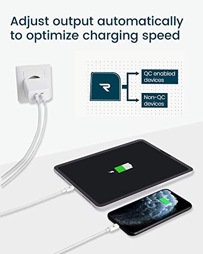 RAMPOW Cargador USB, 39W Quick Charge 3.0 Cargador Móvil, Cargador Pared 2 Puertos USB Cargador Rápido para Teléfonos y Tabletas, iPhone, Samsung, LG, Sony, Huawei, Xiaomi, BQ Aquaris X y más - Blanco
