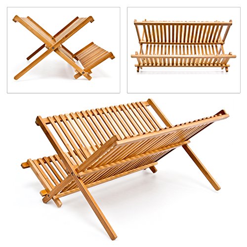 Relaxdays 10014073 platos escurridor con 2 niveles de bambú plegables