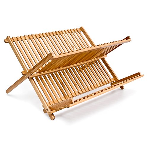 Relaxdays 10014073 platos escurridor con 2 niveles de bambú plegables