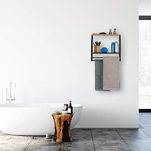 Relaxdays Estantería con toallero, Dos estantes, para Cocina o baño, Hierro, Negro, 41x45x23 cm