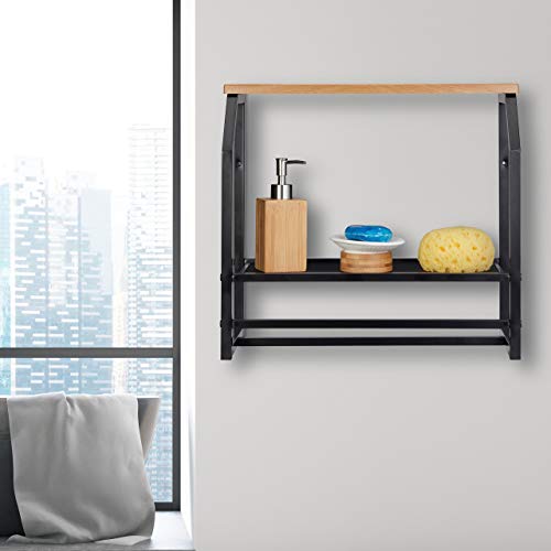 Relaxdays Estantería con toallero, Dos estantes, para Cocina o baño, Hierro, Negro, 41x45x23 cm
