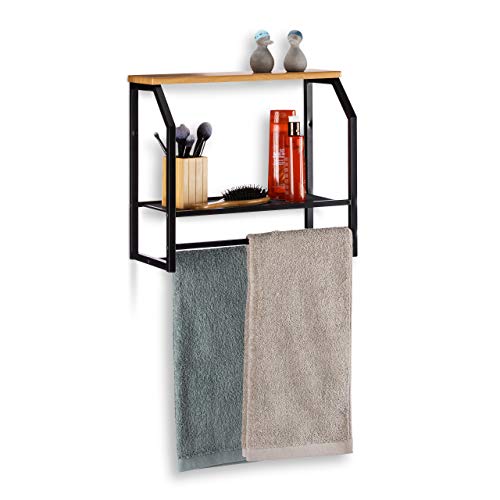 Relaxdays Estantería con toallero, Dos estantes, para Cocina o baño, Hierro, Negro, 41x45x23 cm