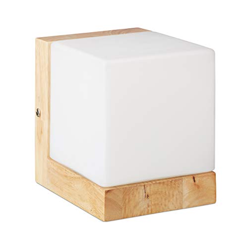 Relaxdays Lámpara de pared, Foco de pared, Agradable, E27, Cristal mate, Madera, Blanco & Marrón, 15x12x15 cm