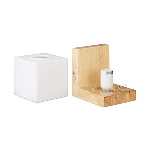 Relaxdays Lámpara de pared, Foco de pared, Agradable, E27, Cristal mate, Madera, Blanco & Marrón, 15x12x15 cm